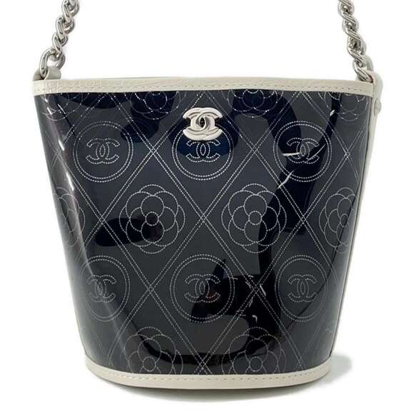 Chanel Chain Shoulder Bag Coco Mark Camellia Bucket Vinyl Black White